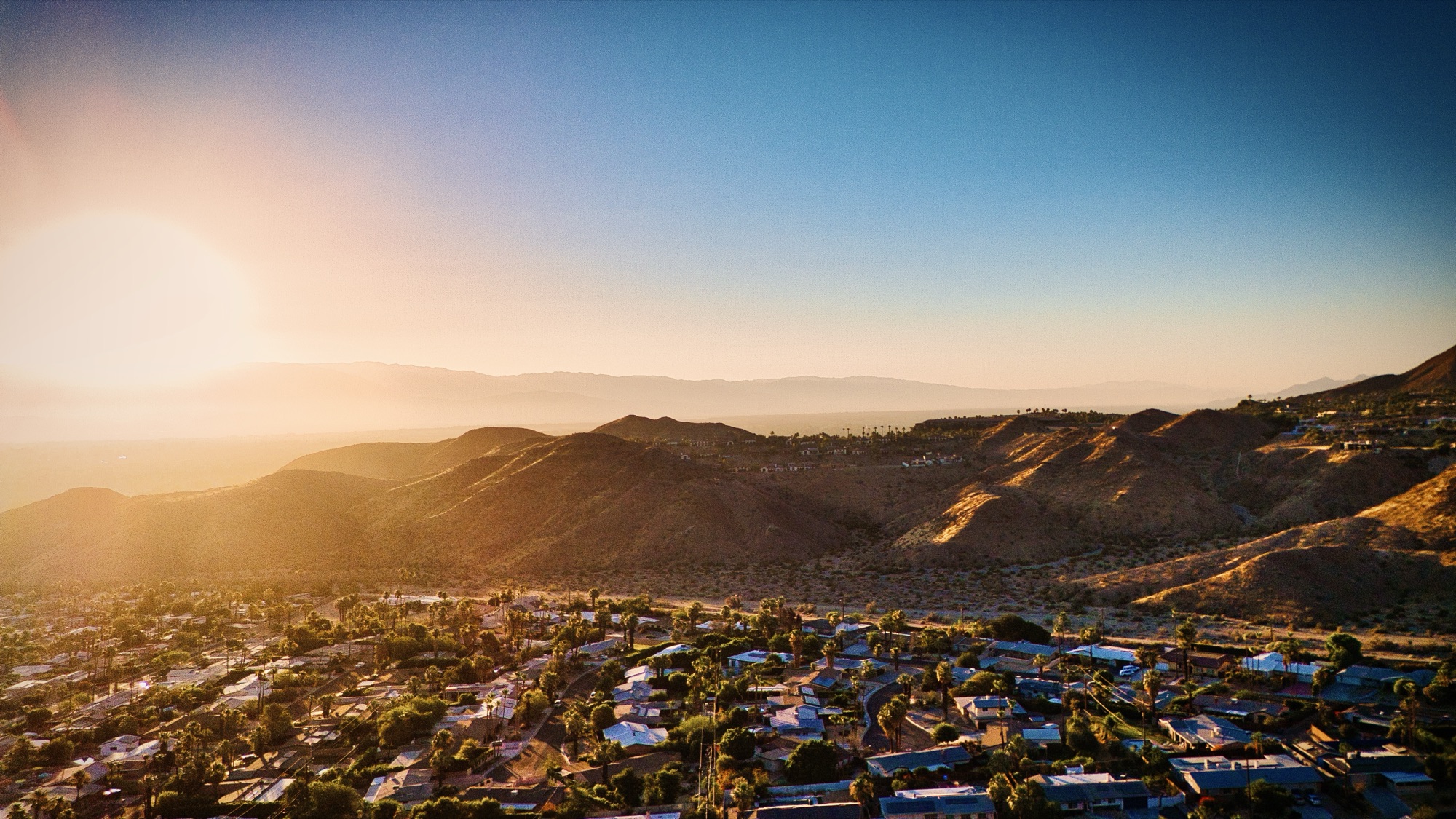 Aerial drone view of the Coachella Valley at sunset