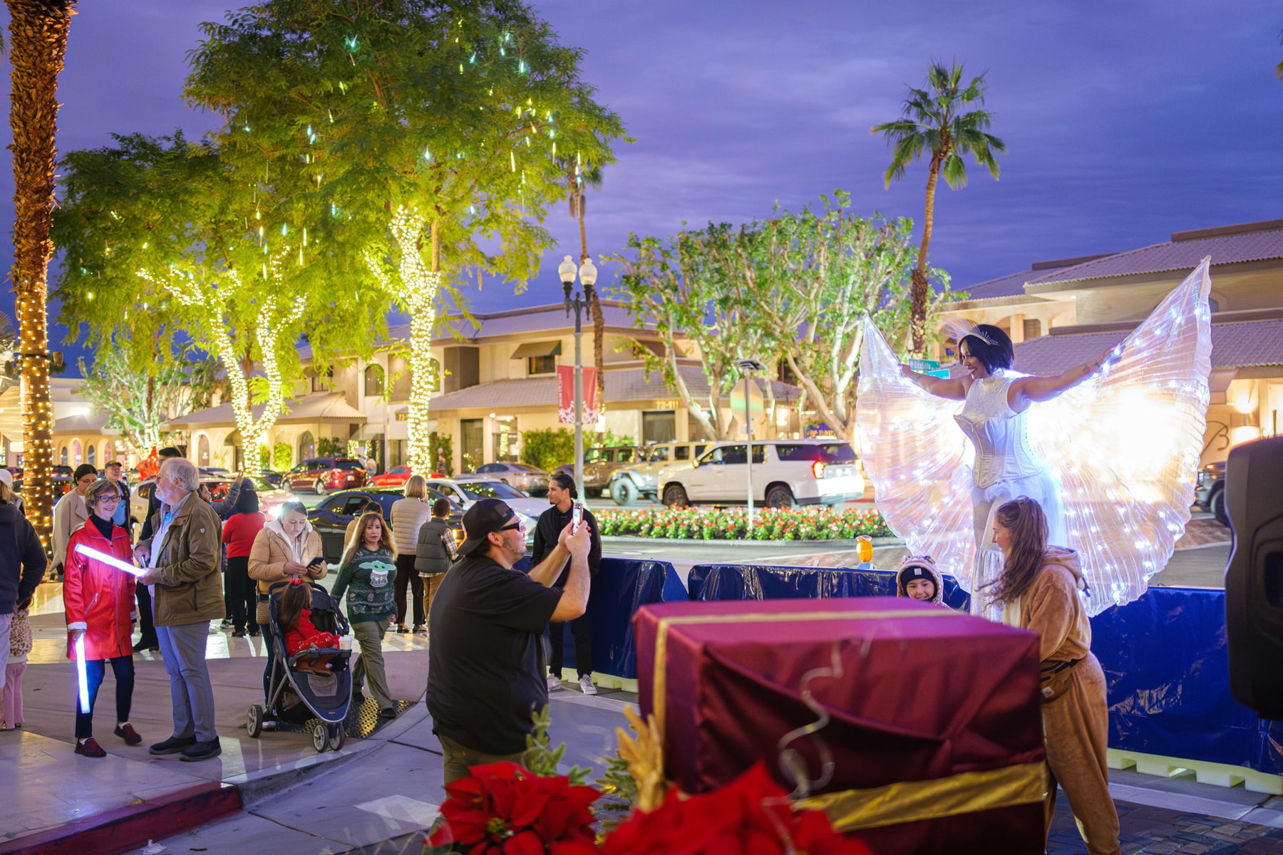 The El Paseo plaza lit for the evening tree lighting